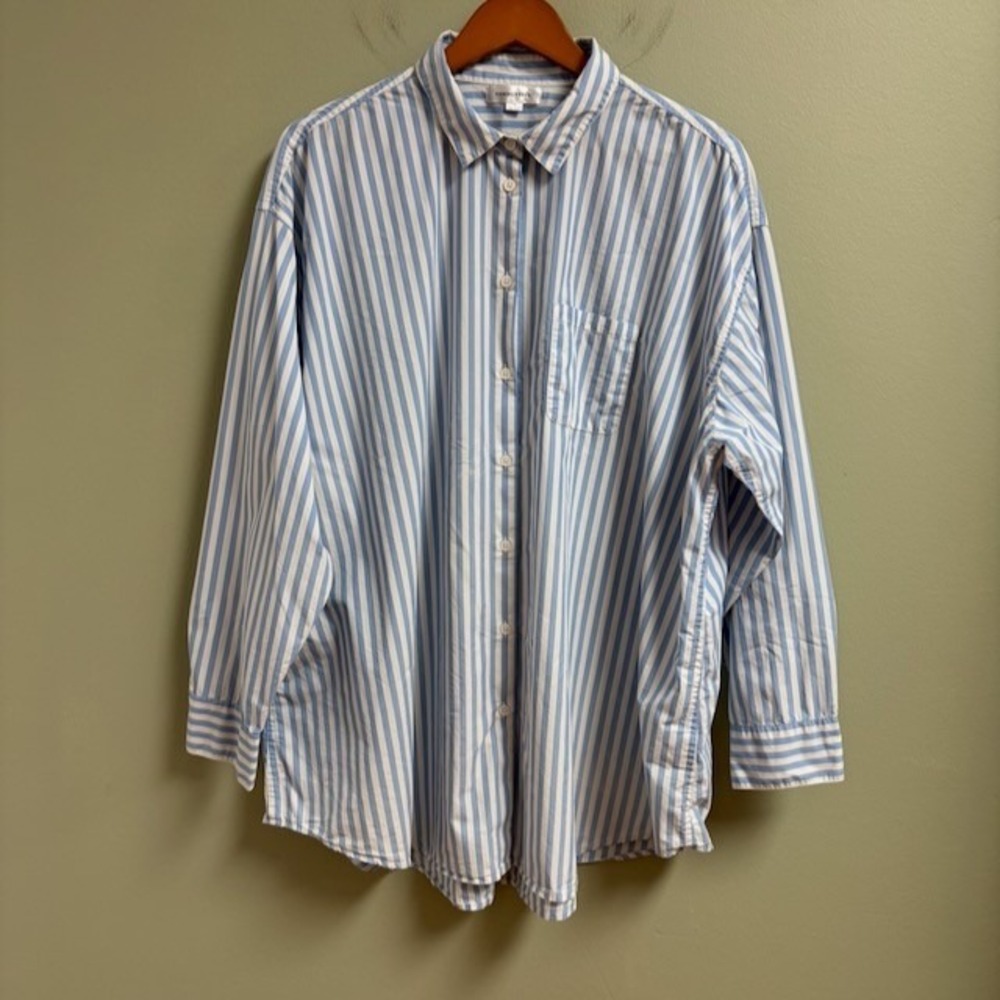 Summersalt Perfect Boyfriend Shirt 1X Blue Striped Oversized Coastal Nautical